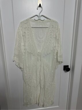 Ivory Crochet Lace Kimono Robe with Tie Front
